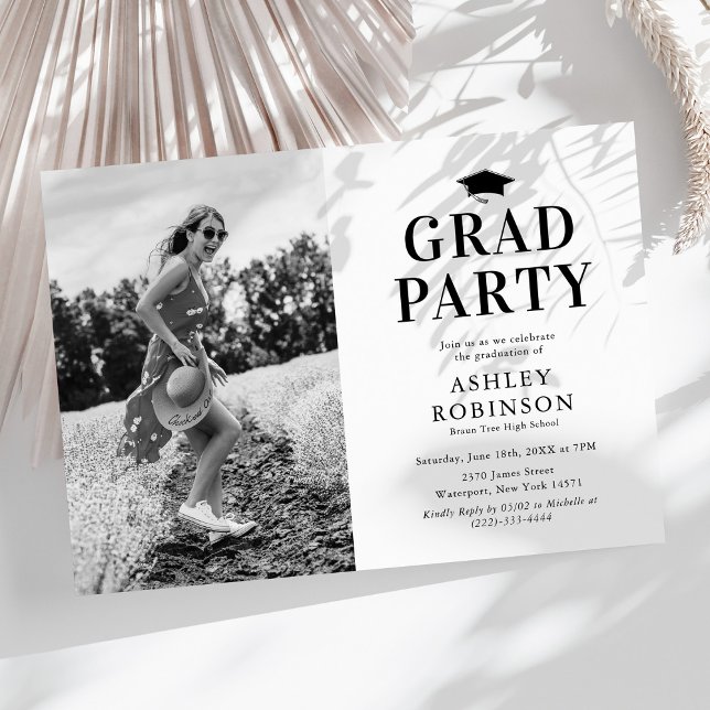 Simple Black White Photo Graduation Party Invitation (Creator Uploaded)