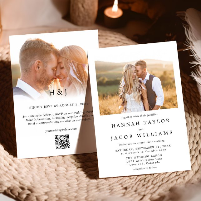 Simple Black & White Photo Overlay QR Code Wedding Invitation (Creator Uploaded)