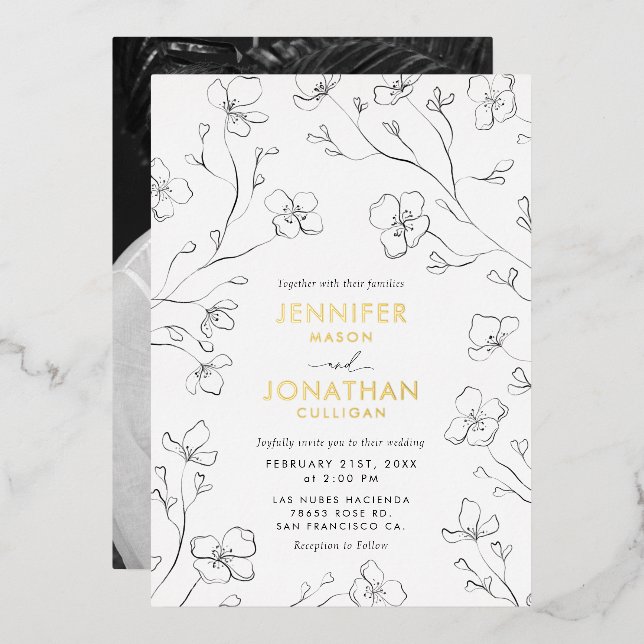 Simple Black & White Photo Wedding Gold Foil Invit (Front/Back)