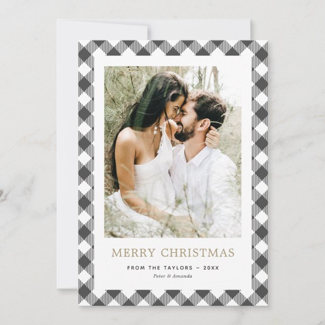 Simple Black White Plaid Photo Merry Christmas Holiday Card (Front)