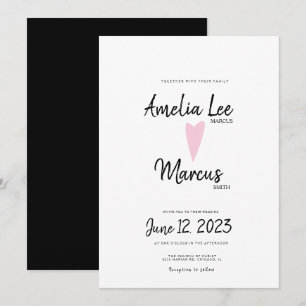 Simple Black White Pretty Script Heart Wedding Invitation