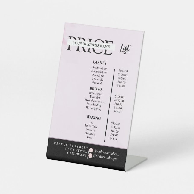 Simple black & white price list pedestal sign (Front)