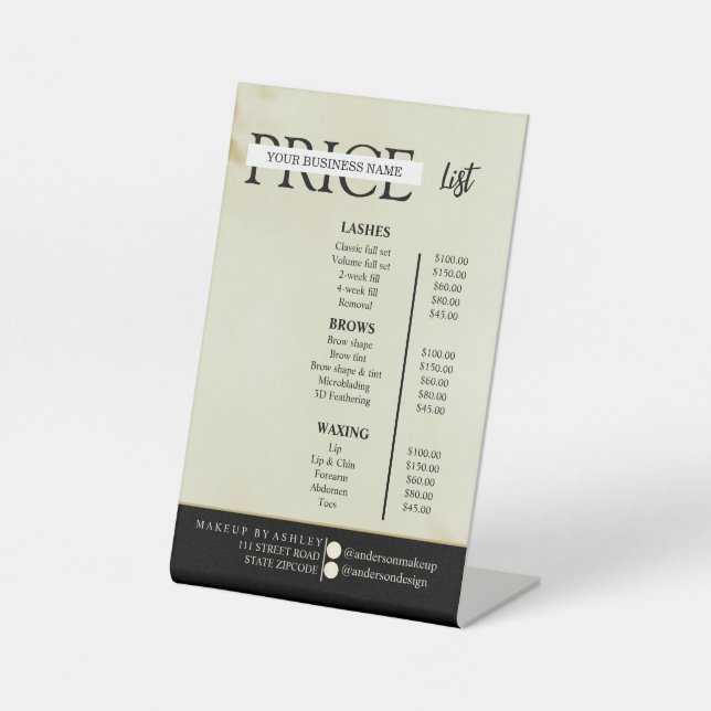 Simple black & white price list pedestal sign (Front)