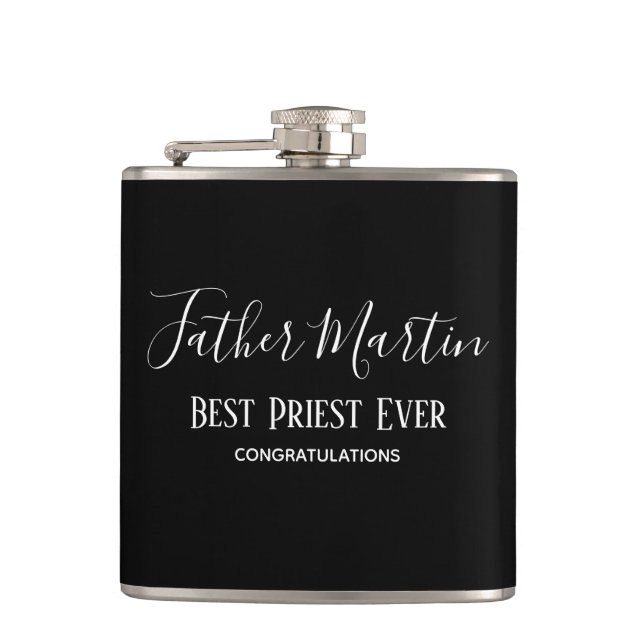 Simple Black White PRIEST PASTOR CLERGY Custom Hip Flask (Front)