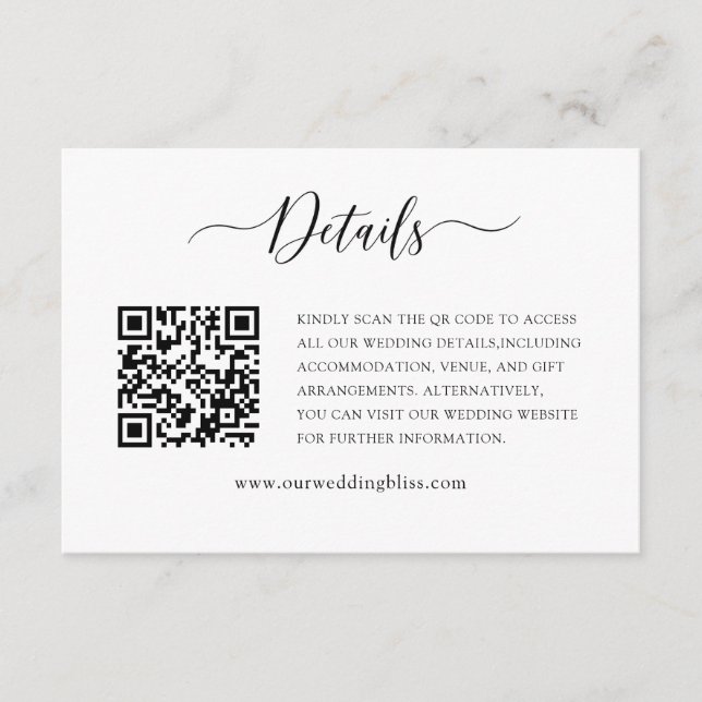 Simple Black & White QR Code Wedding Details  Enclosure Card (Front)