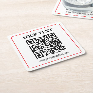 Simple Black & White QR code with Red Border Square Paper Coaster