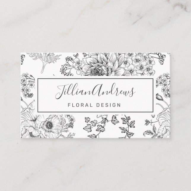 Simple Black White Rose Floral Design Professional Business Card (Front)