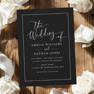 Simple Black White Rustic Script Wedding Invitation