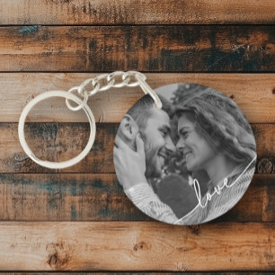 Simple Black White Script Couple Photo Key Ring