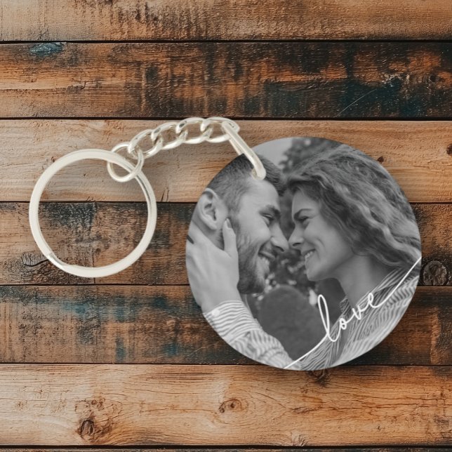 Simple Black White Script Couple Photo Key Ring (Creator Uploaded)
