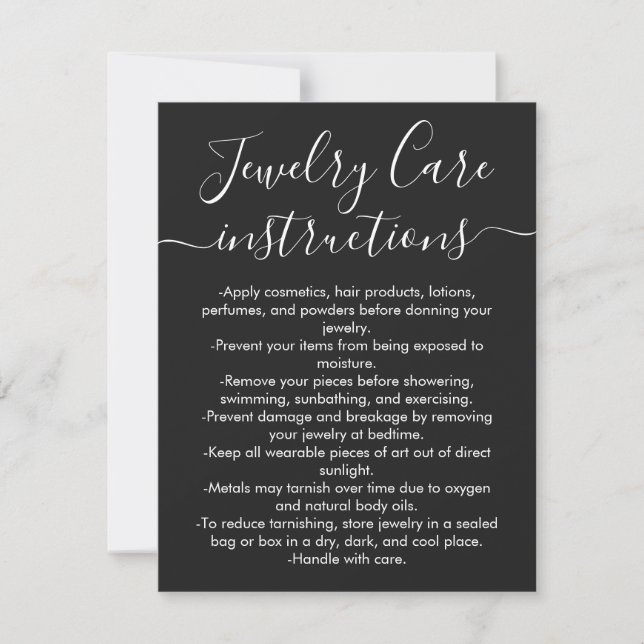 Simple Black White Script Jewellery Care Card (Front)