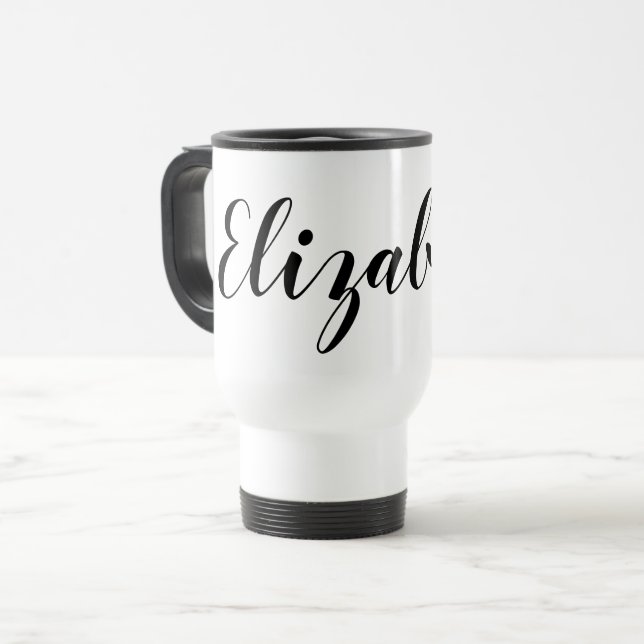 Simple Black White Script Name Coffee Travel Mug (Front Left)