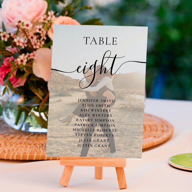 Simple black white script names photos wedding table number (Creator Uploaded)