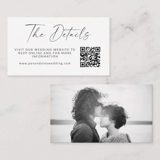 Simple Black White Script Photo Wedding QR Code Enclosure Card (Front/Back)