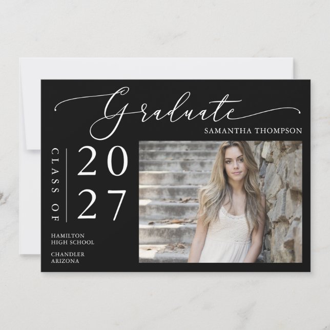 Simple Black White Script School Graduation Photo Invitation (Front)