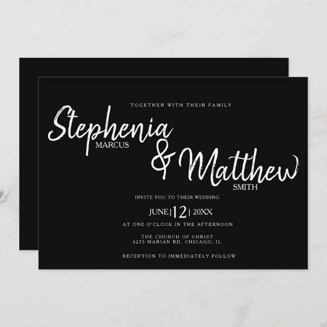 Simple Black White Script Typography Bold Wedding Invitation (Front/Back)