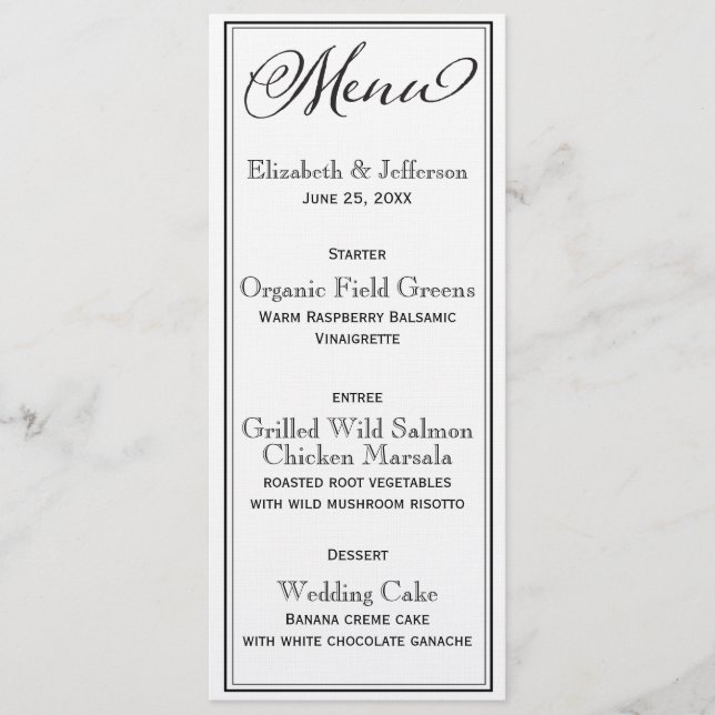 Simple Black & White Script Wedding Menu Card (Front)