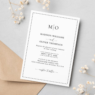 Simple Black White Square Border Monogram Wedding Invitation