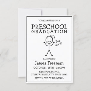 Simple Black & White Stick Preschool Graduation Invitation
