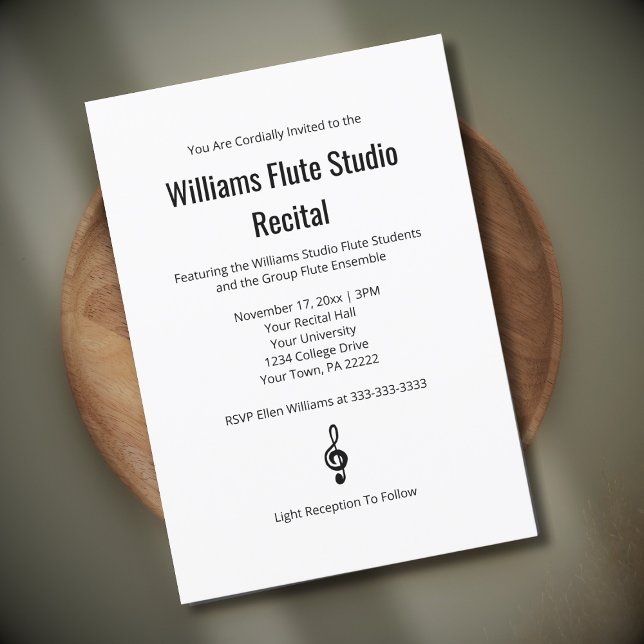Simple Black White Treble Clef Flute Music Recital Invitation (Creator Uploaded)