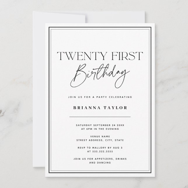 Simple Black & White Typography 21st Birthday Invitation (Front)
