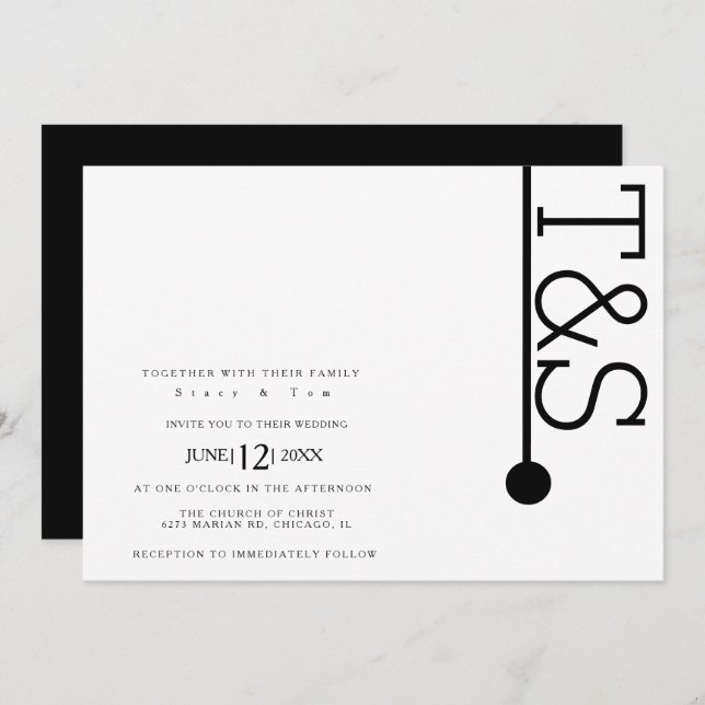 Simple Black White Typography Line Bold Wedding Invitation (Front/Back)