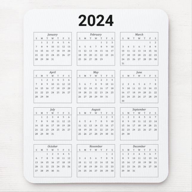 Simple Black & White US 2024 Yearly Calendar Mouse Pad (Front)