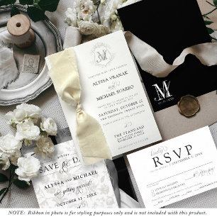 Simple Black & White Vintage Crest Ribbon Wedding Invitation