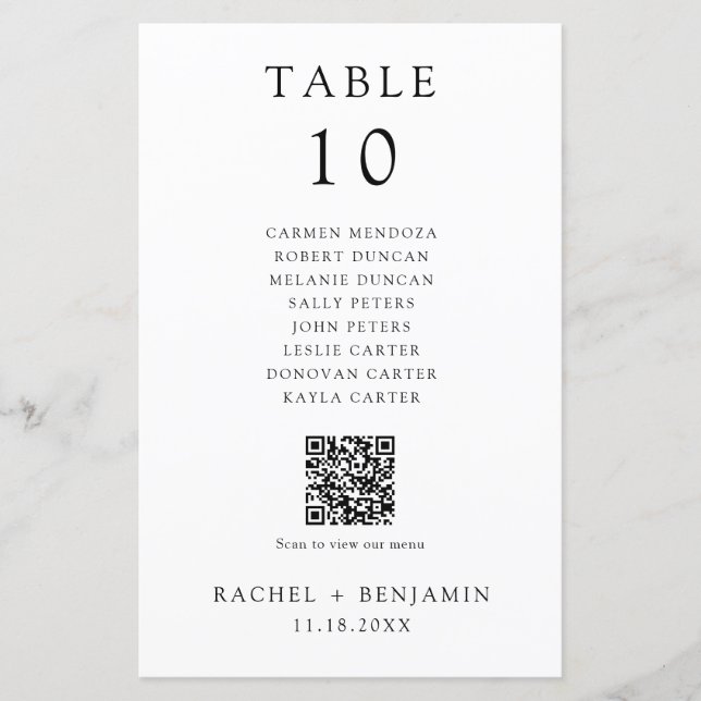 Simple Black White Wedding Seating Chart QR Code (Front)