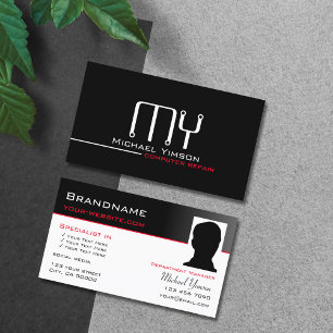 Simple Black White with Monogram and Photo Modern Business Card