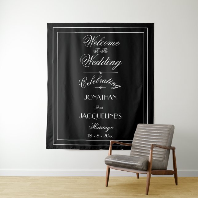 Simple Black with Elegant White Script Wedding Tapestry (In Situ)