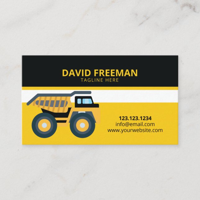 Simple Black & Yellow Dump Truck Construction Business Card (Front)