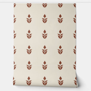 Simple Block Print Floral - Beige and Auburn Red Wallpaper