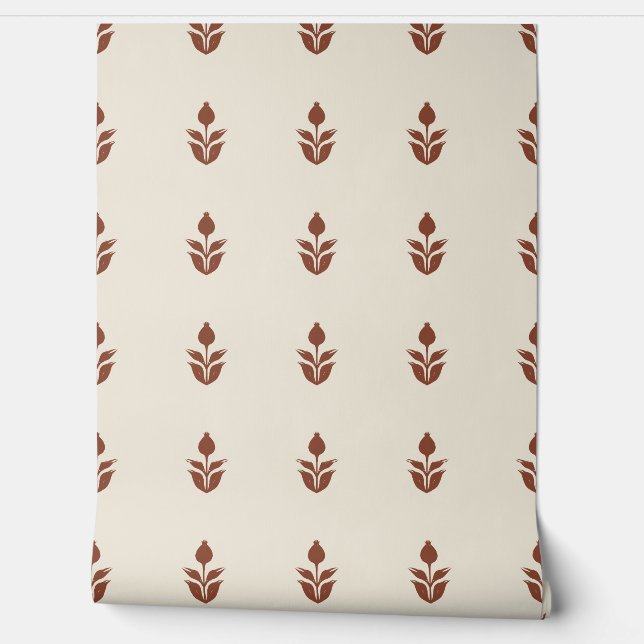Simple Block Print Floral - Beige and Auburn Red Wallpaper (Unrolling)