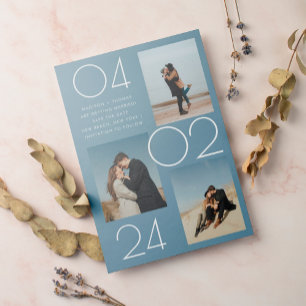 Simple Blue 3 Photo Wedding Save The Date Magnetic Invitation