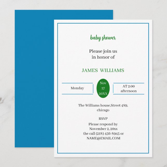 Simple Blue And Green Personalised Baby Shower Invitation (Front/Back)