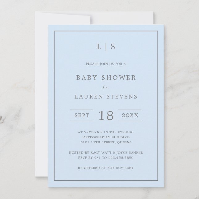 Simple Blue and Grey Monogram Boy Baby Shower Invitation (Front)