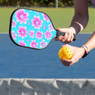 Simple Blue and Pink Flower Pattern Pickleball Paddle