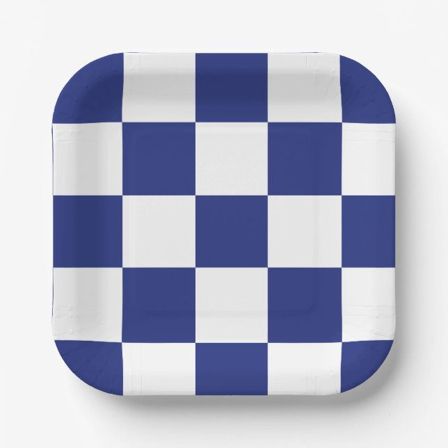 Simple Blue and White Chequered Pattern Paper Plate (Front)