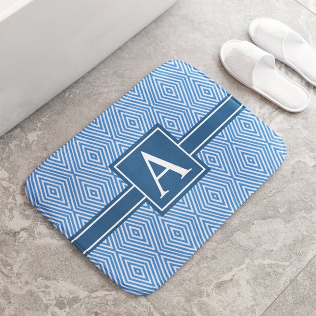 Simple Blue and White Modern Geometric Monogram Bath Mat (Creator Uploaded)