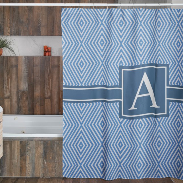 Simple Blue and White Modern Geometric Monogram Shower Curtain (Creator Uploaded)