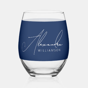 Simple Blue And White Modern Script Stylish Name  Stemless Wine Glass