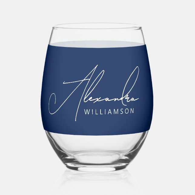 Simple Blue And White Modern Script Stylish Name  Stemless Wine Glass (Front)