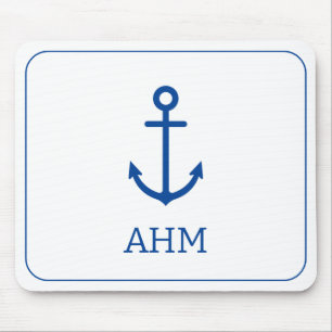 Simple Blue and White Nautical Anchor Monogram Mouse Pad
