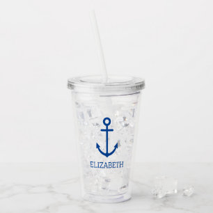 Simple Blue and White Nautical Anchor Personalised Acrylic Tumbler