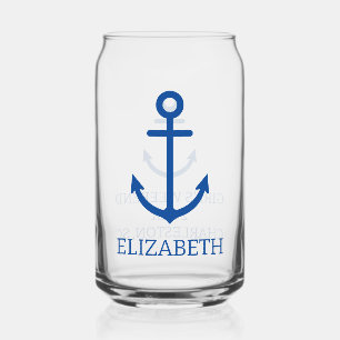 Simple Blue and White Nautical Anchor Personalised Can Glass