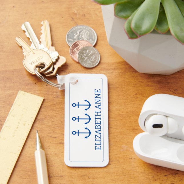 Simple Blue and White Nautical Anchor Personalised Key Ring (Desk)