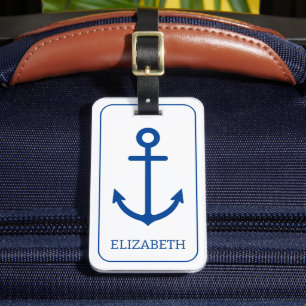 Simple Blue and White Nautical Anchor Personalised Luggage Tag