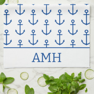 Simple Blue and White Nautical Anchor Personalised Tea Towel