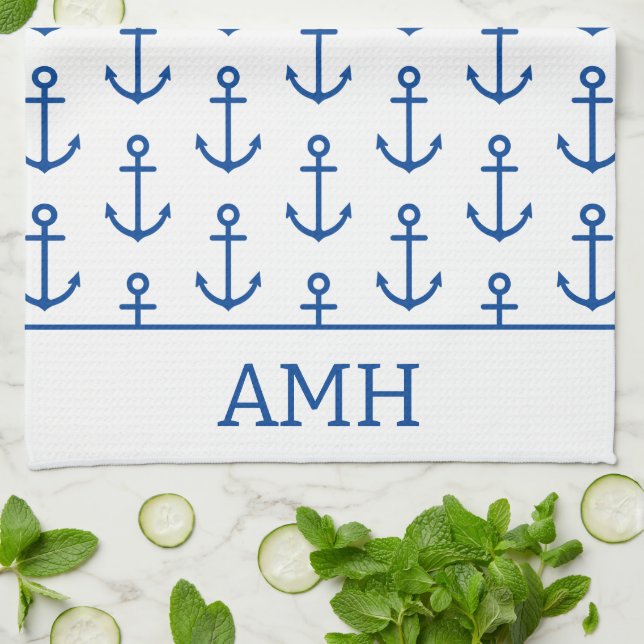Simple Blue and White Nautical Anchor Personalised Tea Towel (Folded)